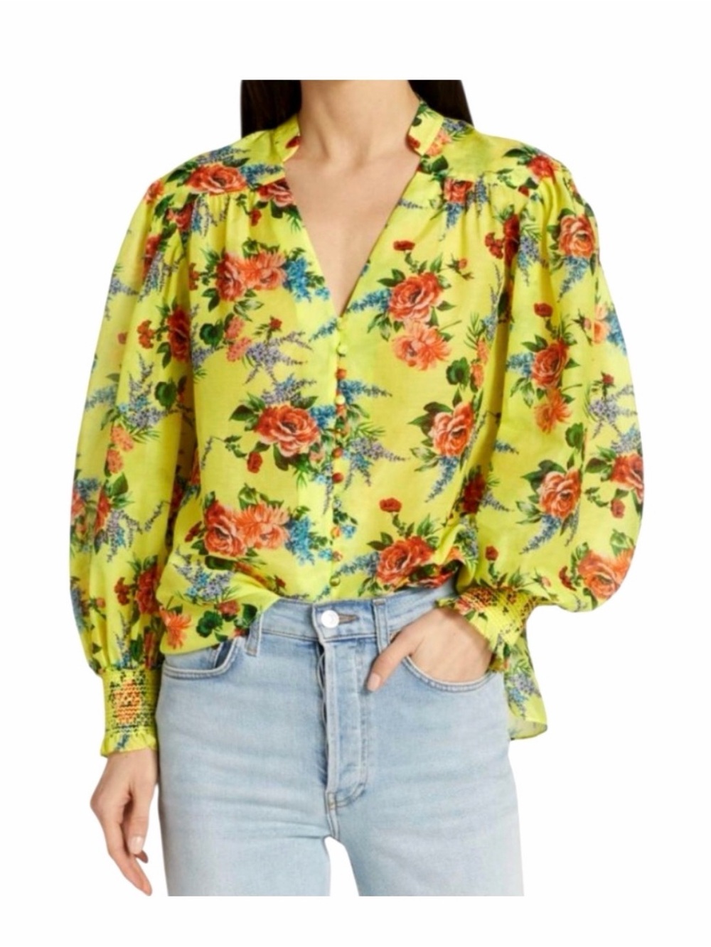 Alice + Olivia Yellow Floral Button-Front Puff Sleeve Blouse size xs